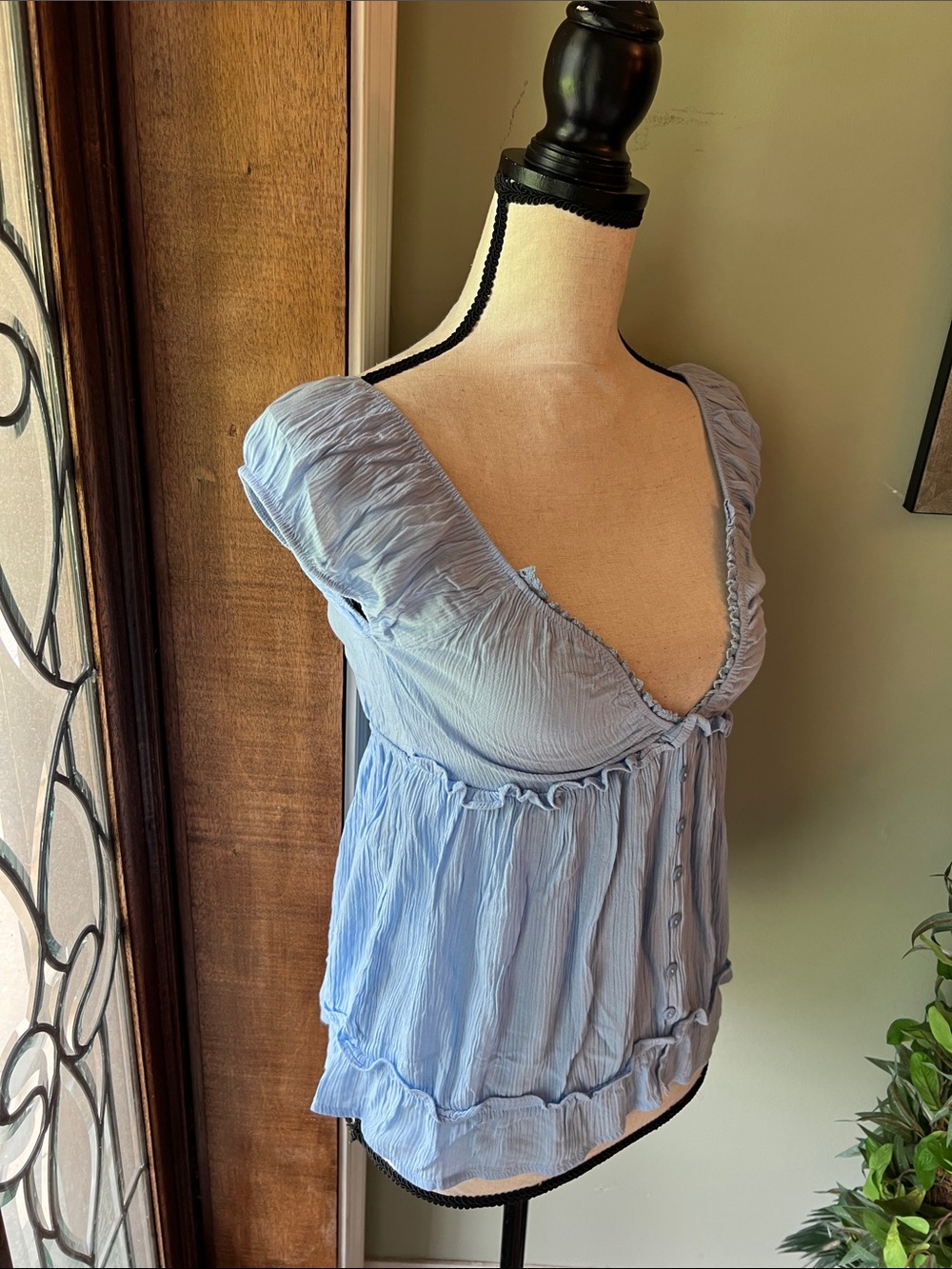 Light Blue Ruffle-Trim V-Neck Women's Blouse - Picture 2 of 6